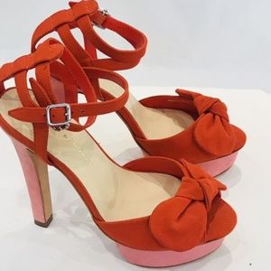 Loeffler Randall Orange Red & Pink Suede Bow Heels